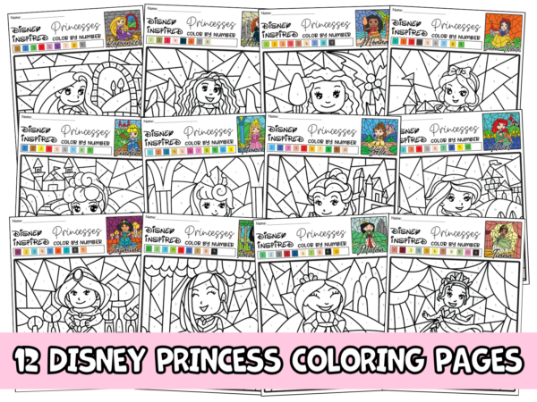 Princess Color by Number: 12 Princess Coloring Pages